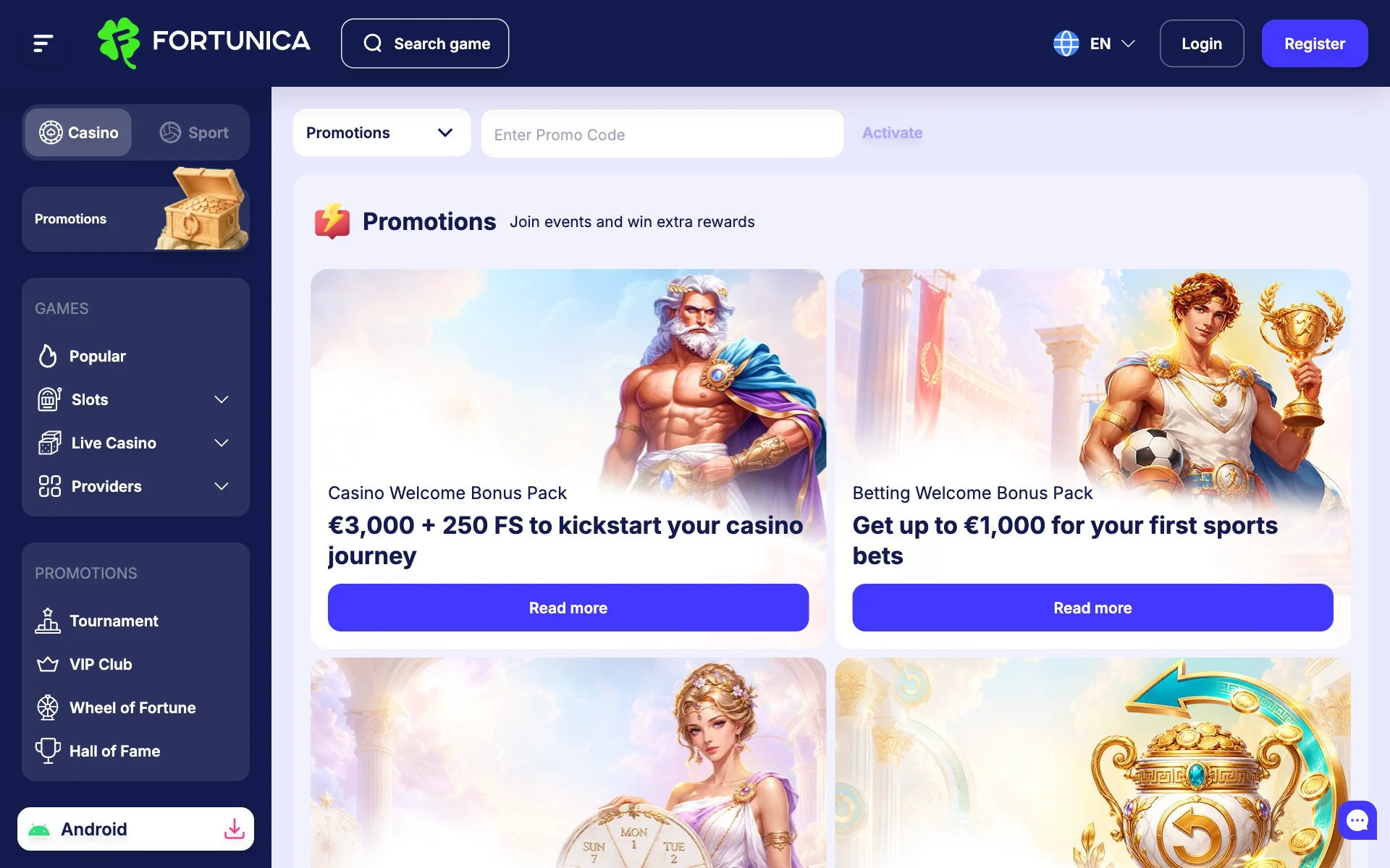 Fortunica Casino promotions page with the casino and sports welcome packs