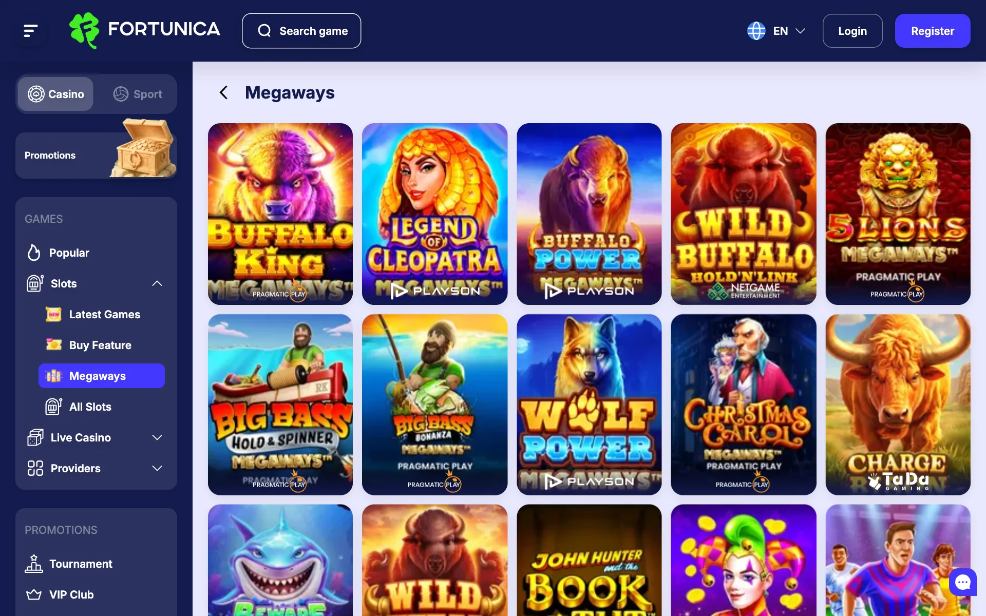 Fortunica Casino Megaways shelf with rows of slot tiles